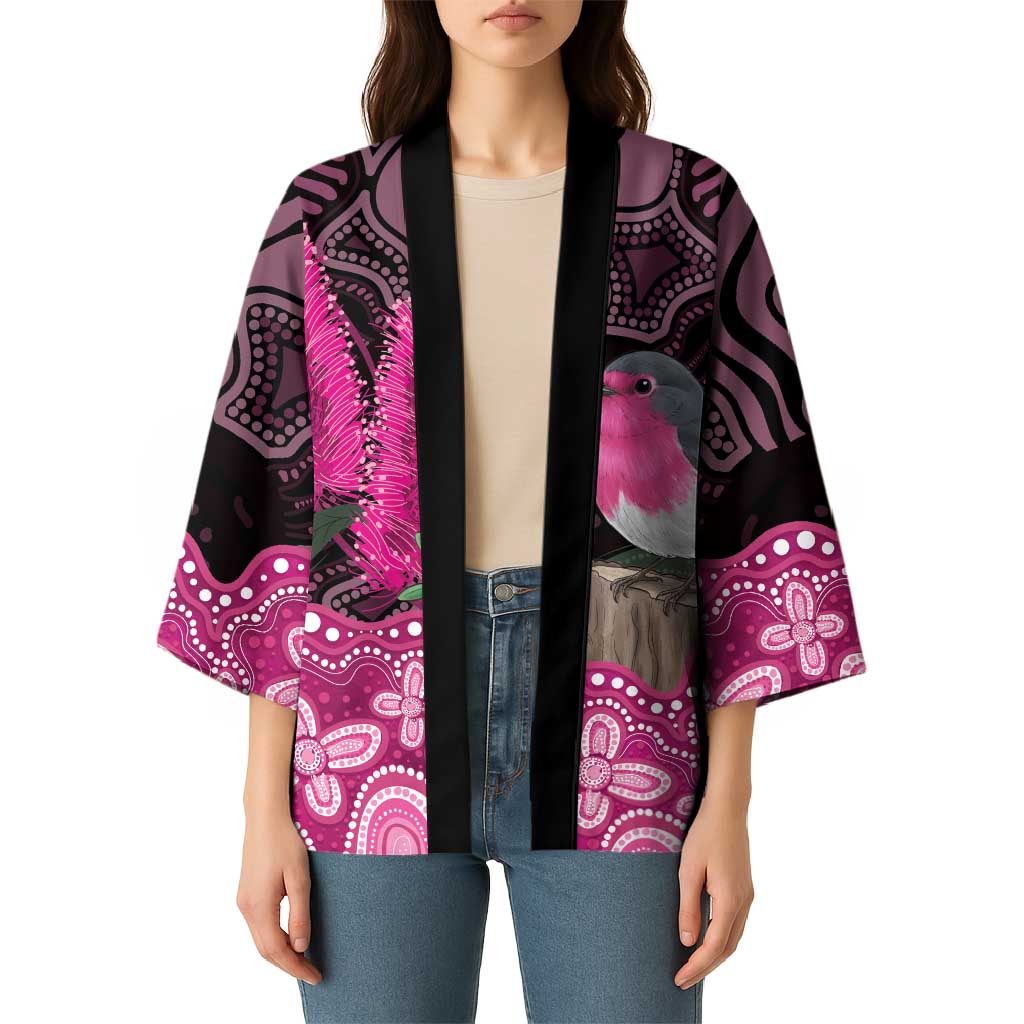Australia Indigenous Kimono Breast Cancer Pink Robin Bottlebrush Aboriginal Art - Aussie Hoodie