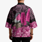 Australia Indigenous Kimono Breast Cancer Pink Robin Bottlebrush Aboriginal Art - Aussie Hoodie