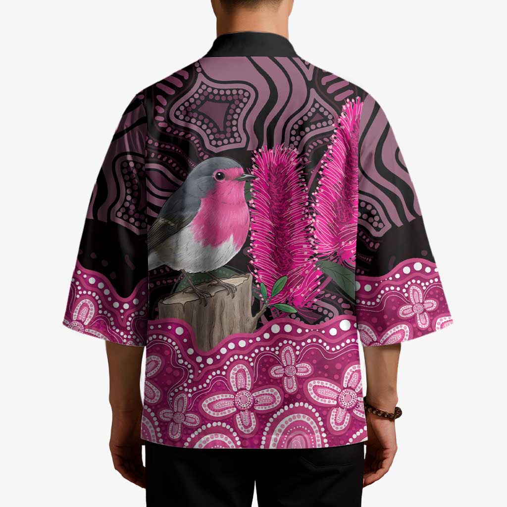 Australia Indigenous Kimono Breast Cancer Pink Robin Bottlebrush Aboriginal Art - Aussie Hoodie