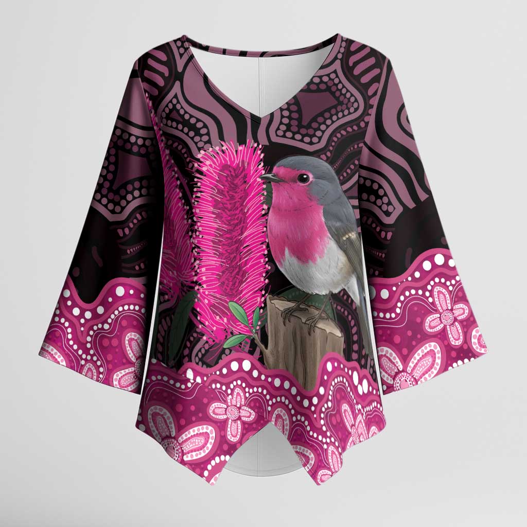 Australia Indigenous Kimono Sleeve Blouse Breast Cancer Pink Robin Bottlebrush Aboriginal Art - Aussie Hoodie