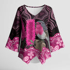 Australia Indigenous Kimono Sleeve Blouse Breast Cancer Pink Robin Bottlebrush Aboriginal Art - Aussie Hoodie