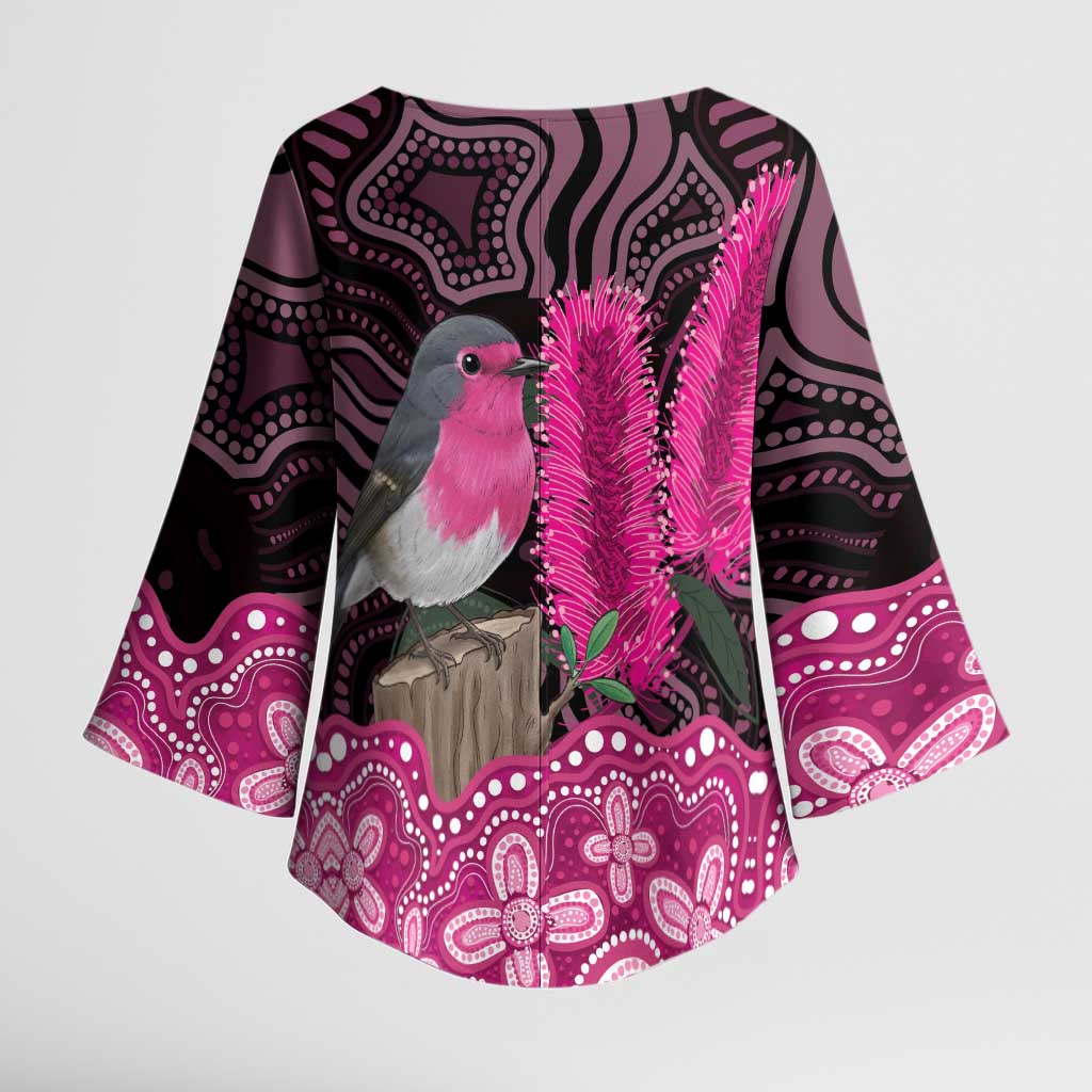 Australia Indigenous Kimono Sleeve Blouse Breast Cancer Pink Robin Bottlebrush Aboriginal Art - Aussie Hoodie