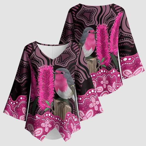 Australia Indigenous Kimono Sleeve Blouse Breast Cancer Pink Robin Bottlebrush Aboriginal Art - Aussie Hoodie