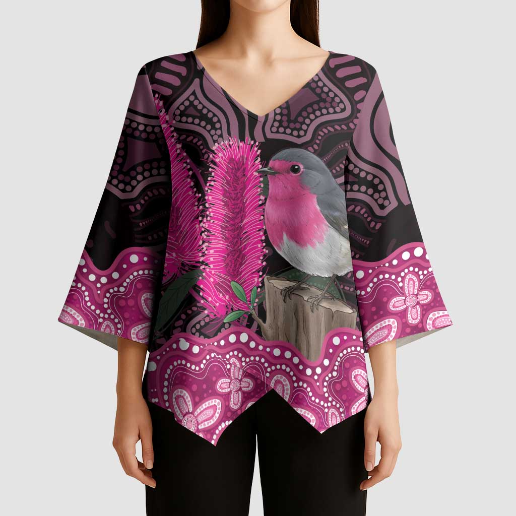 Australia Indigenous Kimono Sleeve Blouse Breast Cancer Pink Robin Bottlebrush Aboriginal Art - Aussie Hoodie