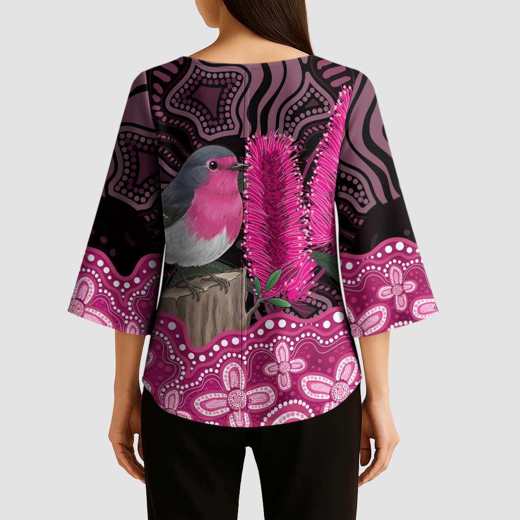 Australia Indigenous Kimono Sleeve Blouse Breast Cancer Pink Robin Bottlebrush Aboriginal Art - Aussie Hoodie