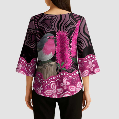 Australia Indigenous Kimono Sleeve Blouse Breast Cancer Pink Robin Bottlebrush Aboriginal Art - Aussie Hoodie