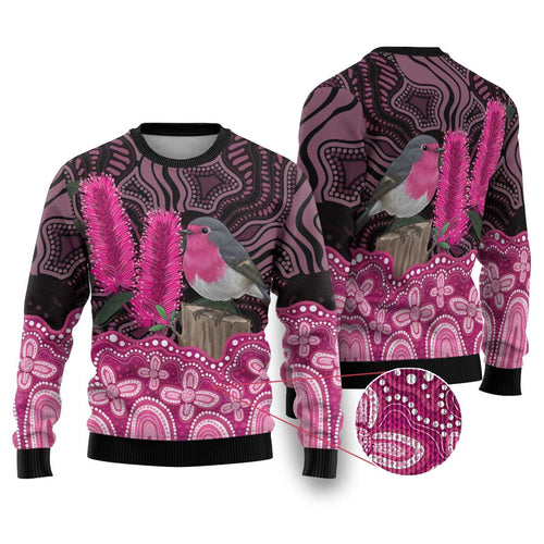 Australia Indigenous Ugly Christmas Sweater Breast Cancer Pink Robin Bottlebrush Aboriginal Art - Aussie Hoodie