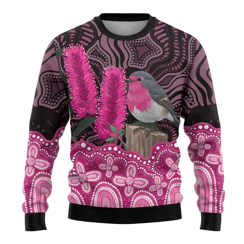 Australia Indigenous Ugly Christmas Sweater Breast Cancer Pink Robin Bottlebrush Aboriginal Art - Aussie Hoodie