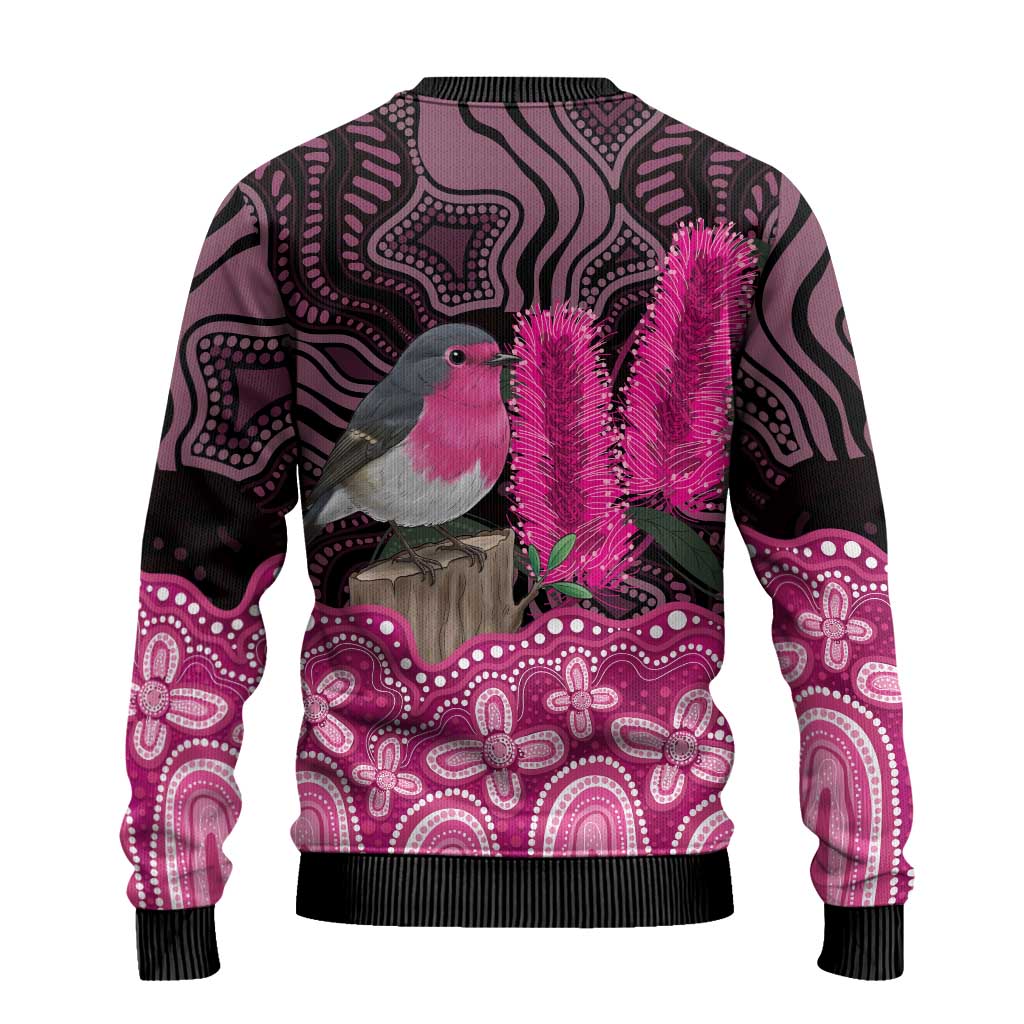 Australia Indigenous Ugly Christmas Sweater Breast Cancer Pink Robin Bottlebrush Aboriginal Art - Aussie Hoodie