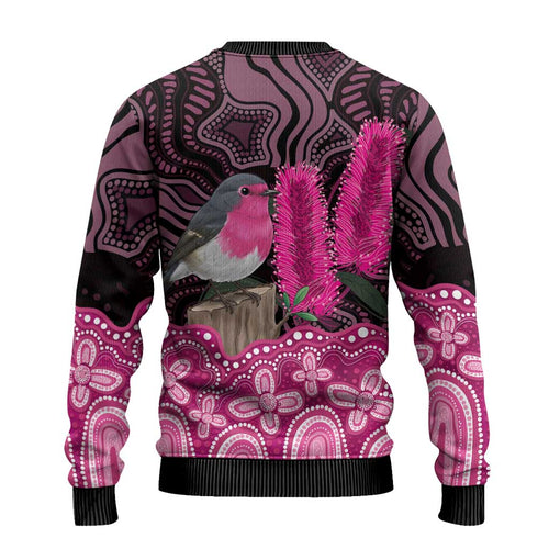Australia Indigenous Ugly Christmas Sweater Breast Cancer Pink Robin Bottlebrush Aboriginal Art - Aussie Hoodie