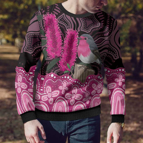 Australia Indigenous Ugly Christmas Sweater Breast Cancer Pink Robin Bottlebrush Aboriginal Art - Aussie Hoodie