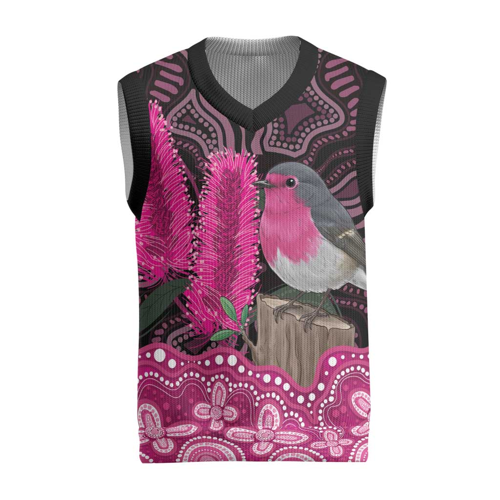 Australia Indigenous Christmas Knitted V-Neck Vest Breast Cancer Pink Robin Bottlebrush Aboriginal Art - Aussie Hoodie