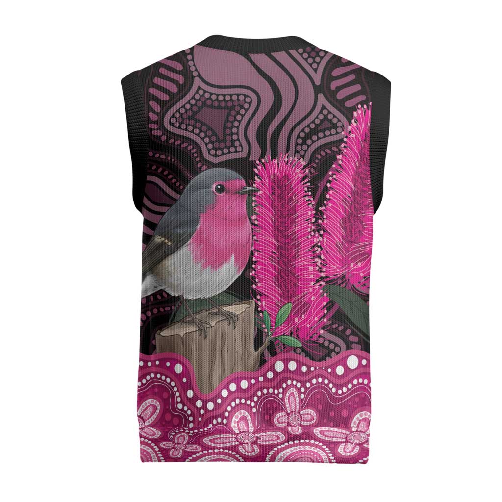 Australia Indigenous Christmas Knitted V-Neck Vest Breast Cancer Pink Robin Bottlebrush Aboriginal Art - Aussie Hoodie