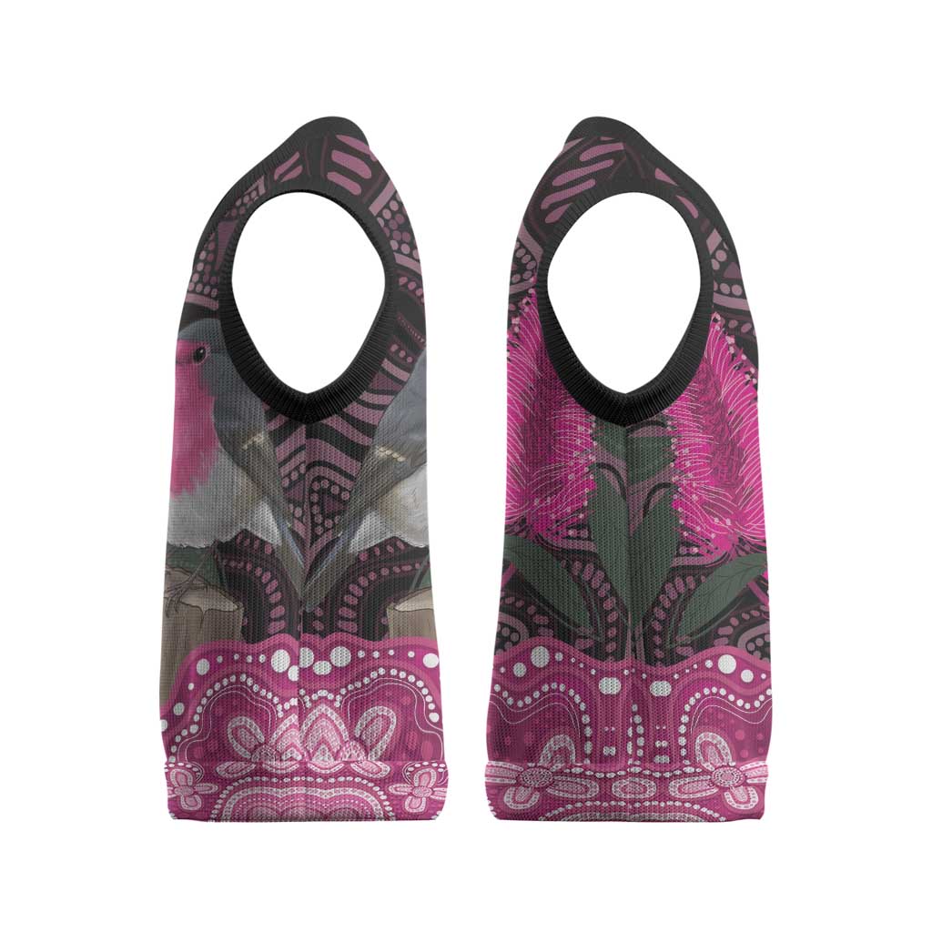 Australia Indigenous Christmas Knitted V-Neck Vest Breast Cancer Pink Robin Bottlebrush Aboriginal Art - Aussie Hoodie