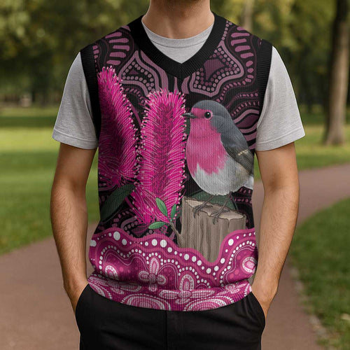Australia Indigenous Christmas Knitted V-Neck Vest Breast Cancer Pink Robin Bottlebrush Aboriginal Art - Aussie Hoodie