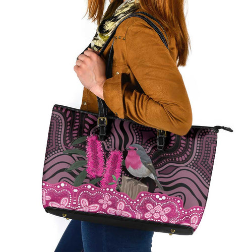 Australia Indigenous Leather Tote Bag Breast Cancer Pink Robin Bottlebrush Aboriginal Art - Aussie Hoodie