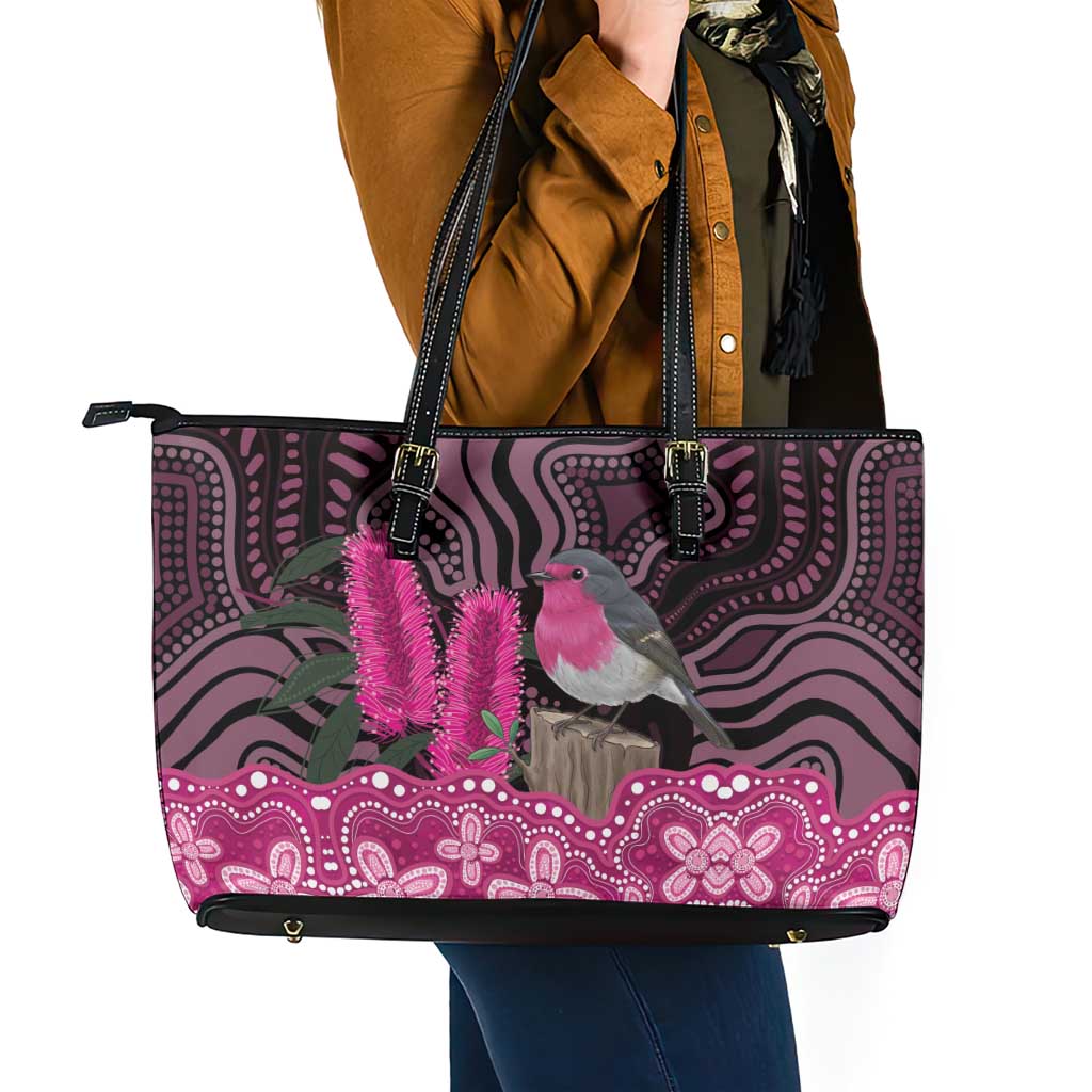Australia Indigenous Leather Tote Bag Breast Cancer Pink Robin Bottlebrush Aboriginal Art - Aussie Hoodie