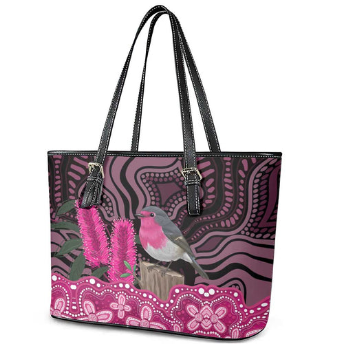 Australia Indigenous Leather Tote Bag Breast Cancer Pink Robin Bottlebrush Aboriginal Art - Aussie Hoodie