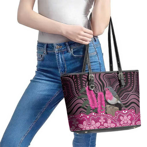 Australia Indigenous Leather Tote Bag Breast Cancer Pink Robin Bottlebrush Aboriginal Art - Aussie Hoodie