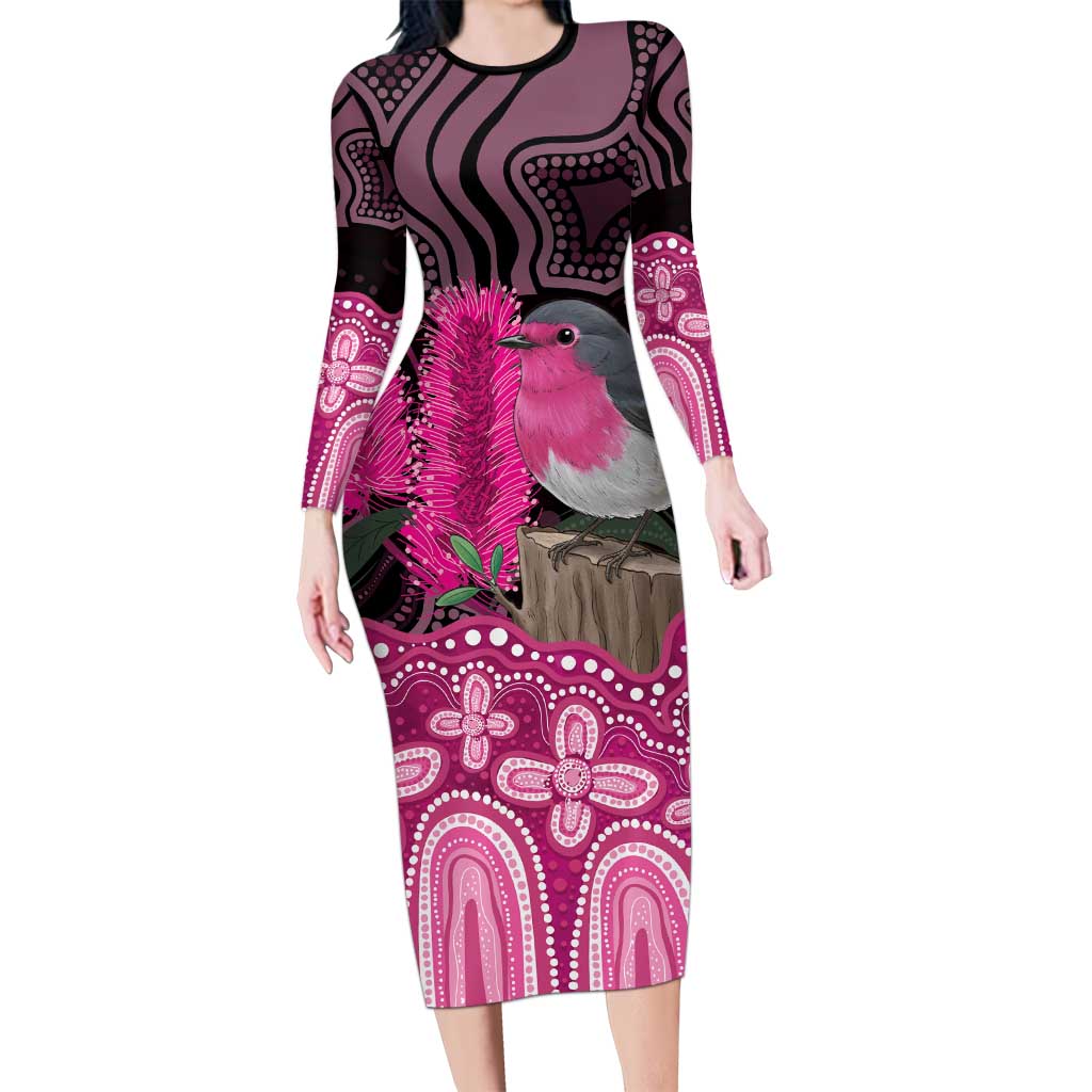 Australia Indigenous Long Sleeve Bodycon Dress Breast Cancer Pink Robin Bottlebrush Aboriginal Art - Aussie Hoodie
