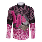 Australia Indigenous Long Sleeve Button Shirt Breast Cancer Pink Robin Bottlebrush Aboriginal Art - Aussie Hoodie