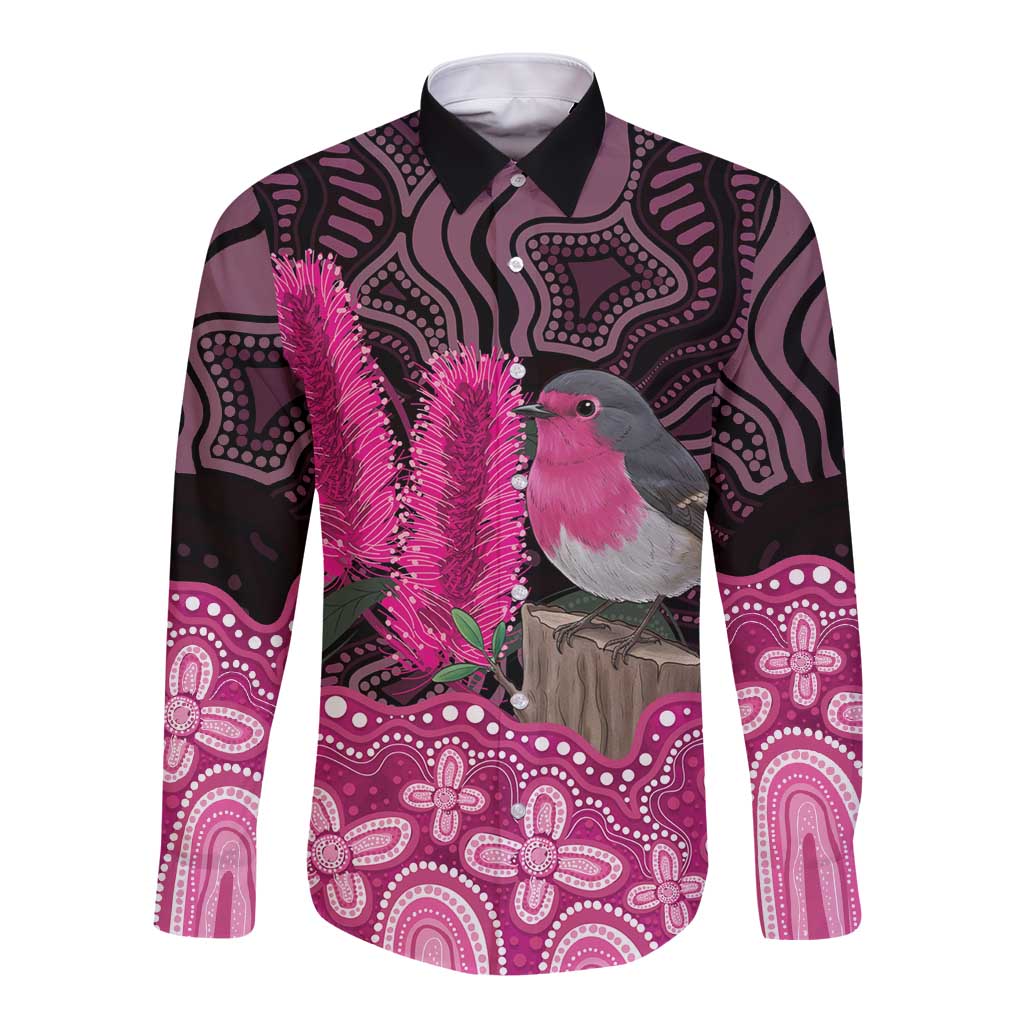 Australia Indigenous Long Sleeve Button Shirt Breast Cancer Pink Robin Bottlebrush Aboriginal Art - Aussie Hoodie