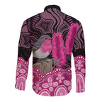 Australia Indigenous Long Sleeve Button Shirt Breast Cancer Pink Robin Bottlebrush Aboriginal Art - Aussie Hoodie