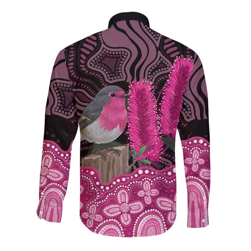 Australia Indigenous Long Sleeve Button Shirt Breast Cancer Pink Robin Bottlebrush Aboriginal Art - Aussie Hoodie