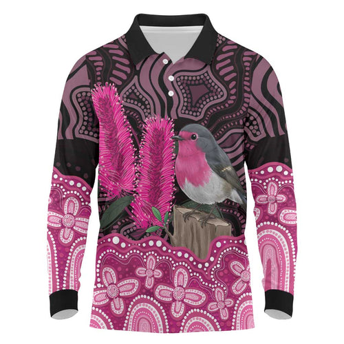 Australia Indigenous Long Sleeve Polo Shirt Breast Cancer Pink Robin Bottlebrush Aboriginal Art - Aussie Hoodie