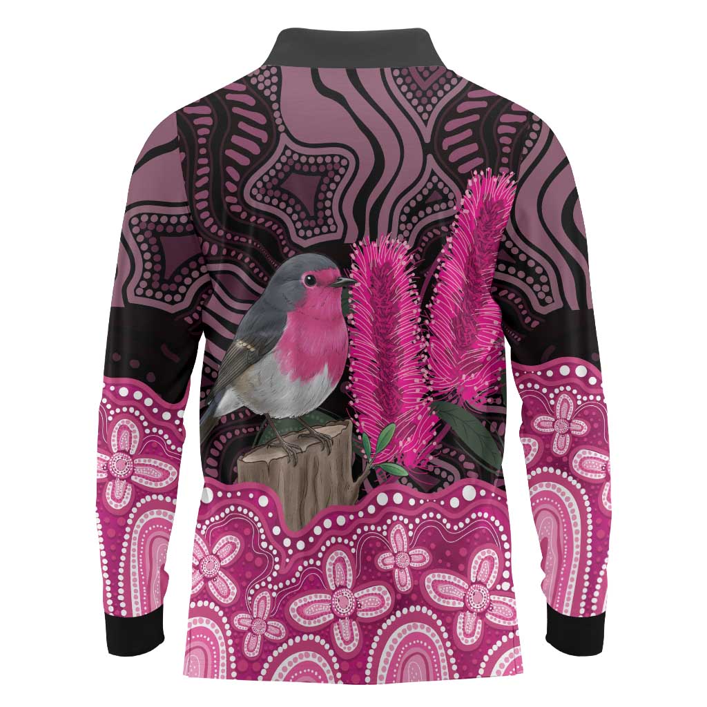 Australia Indigenous Long Sleeve Polo Shirt Breast Cancer Pink Robin Bottlebrush Aboriginal Art - Aussie Hoodie