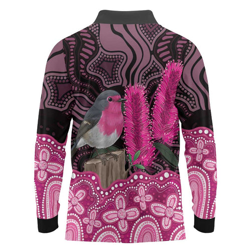 Australia Indigenous Long Sleeve Polo Shirt Breast Cancer Pink Robin Bottlebrush Aboriginal Art - Aussie Hoodie