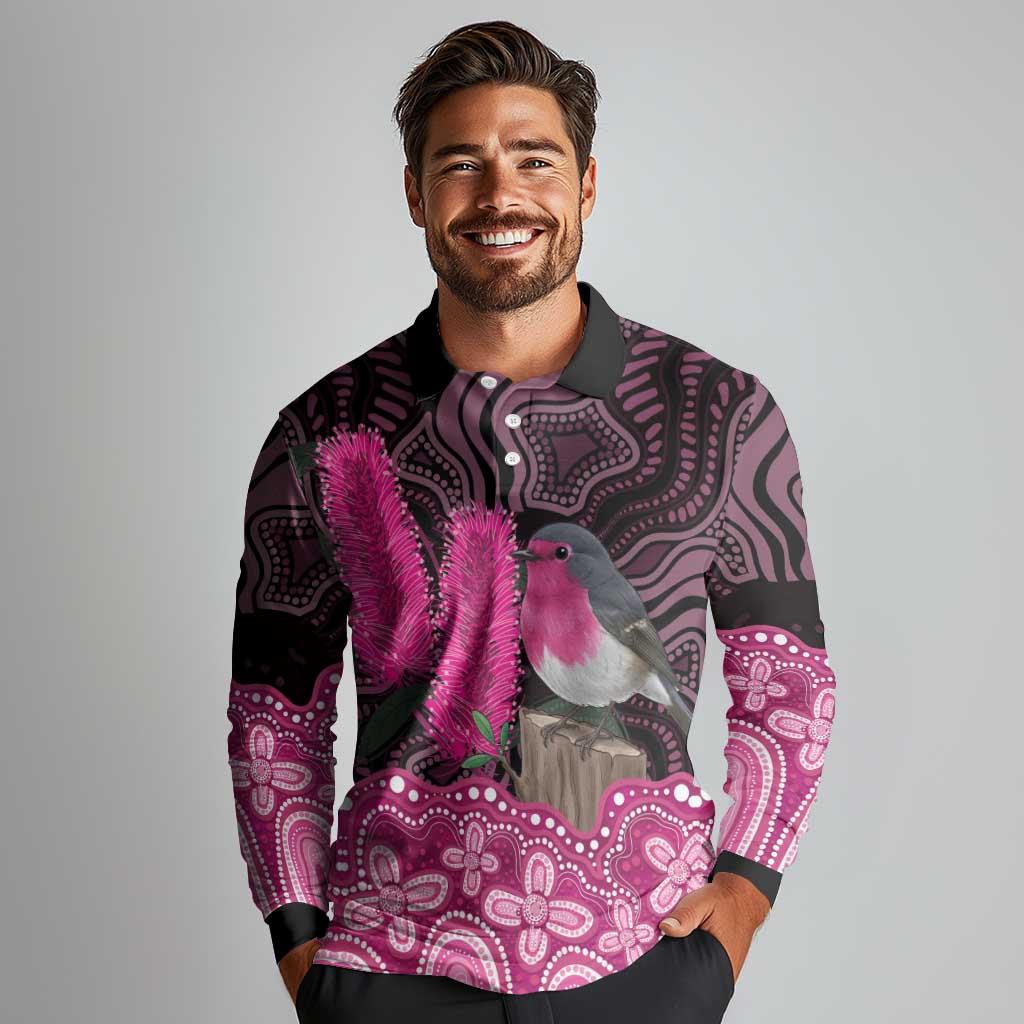 Australia Indigenous Long Sleeve Polo Shirt Breast Cancer Pink Robin Bottlebrush Aboriginal Art - Aussie Hoodie