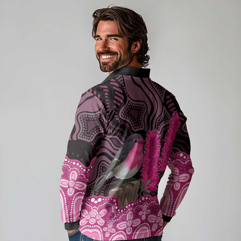 Australia Indigenous Long Sleeve Polo Shirt Breast Cancer Pink Robin Bottlebrush Aboriginal Art - Aussie Hoodie