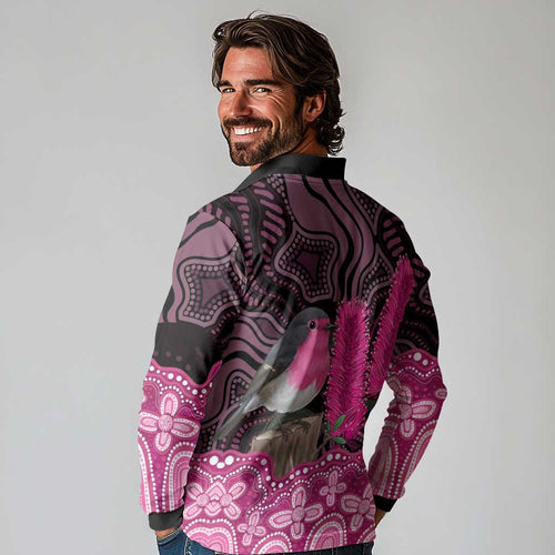 Australia Indigenous Long Sleeve Polo Shirt Breast Cancer Pink Robin Bottlebrush Aboriginal Art - Aussie Hoodie