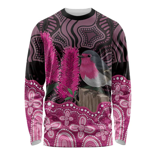 Australia Indigenous Long Sleeve Shirt Breast Cancer Pink Robin Bottlebrush Aboriginal Art - Aussie Hoodie