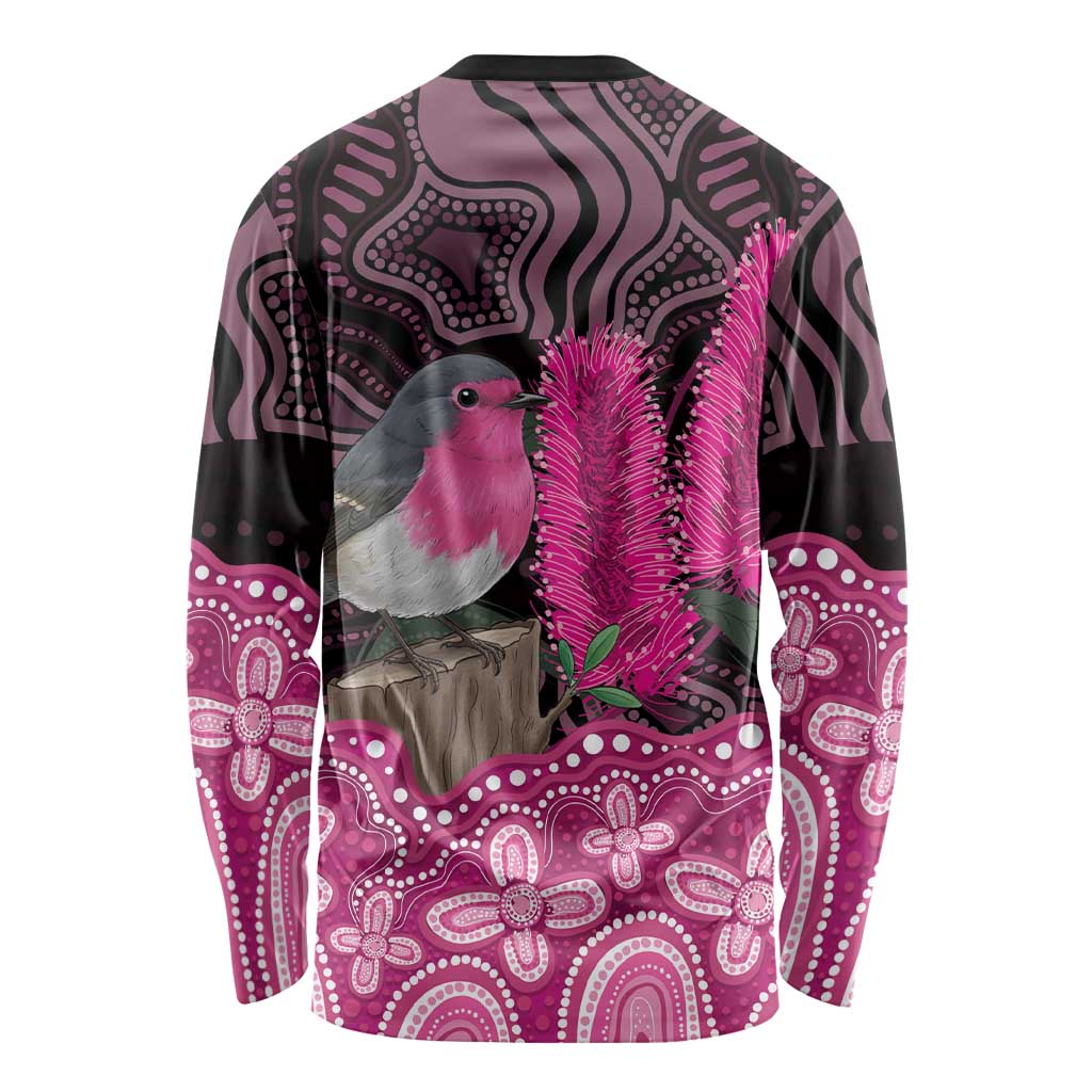 Australia Indigenous Long Sleeve Shirt Breast Cancer Pink Robin Bottlebrush Aboriginal Art - Aussie Hoodie