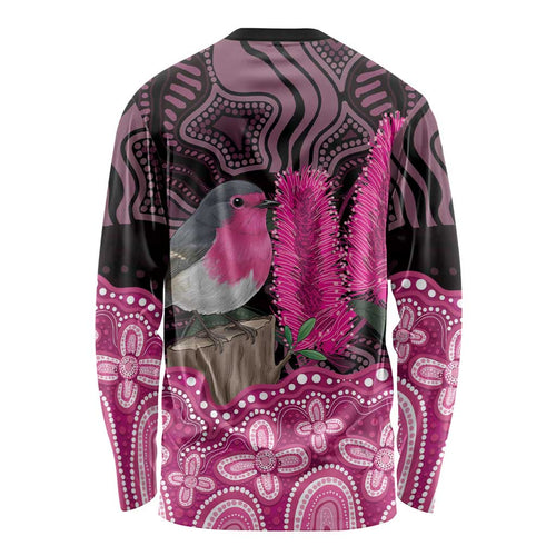 Australia Indigenous Long Sleeve Shirt Breast Cancer Pink Robin Bottlebrush Aboriginal Art - Aussie Hoodie