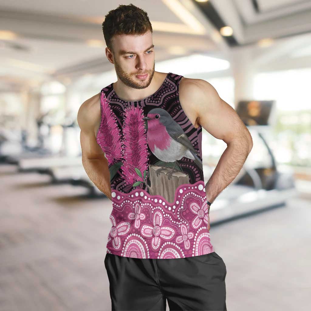 Australia Indigenous Men Tank Top Breast Cancer Pink Robin Bottlebrush Aboriginal Art - Aussie Hoodie