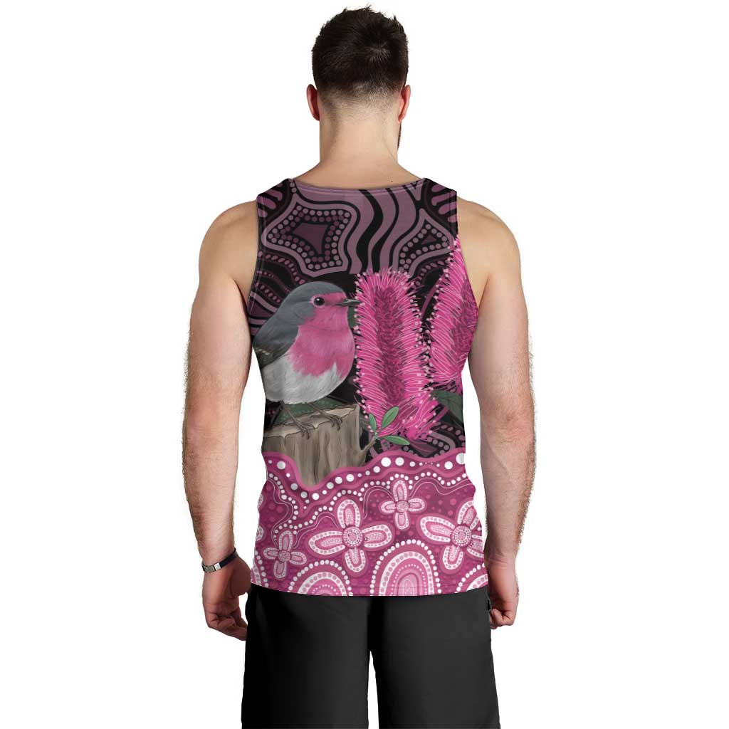 Australia Indigenous Men Tank Top Breast Cancer Pink Robin Bottlebrush Aboriginal Art - Aussie Hoodie
