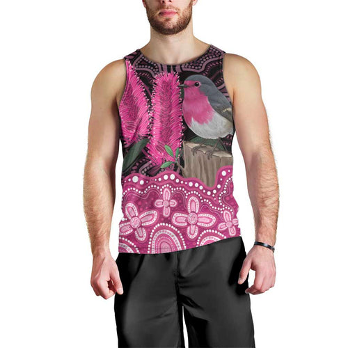 Australia Indigenous Men Tank Top Breast Cancer Pink Robin Bottlebrush Aboriginal Art - Aussie Hoodie