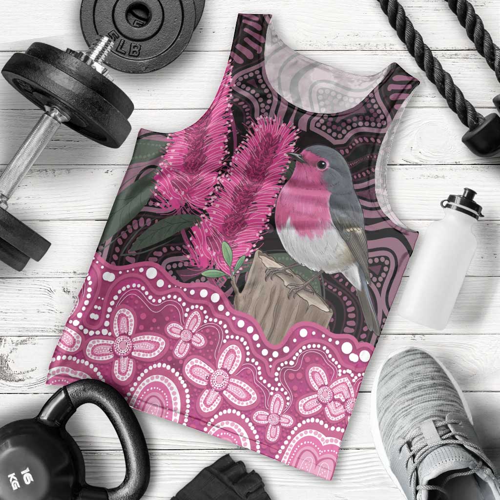 Australia Indigenous Men Tank Top Breast Cancer Pink Robin Bottlebrush Aboriginal Art - Aussie Hoodie