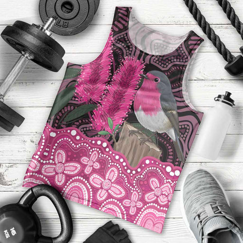 Australia Indigenous Men Tank Top Breast Cancer Pink Robin Bottlebrush Aboriginal Art - Aussie Hoodie