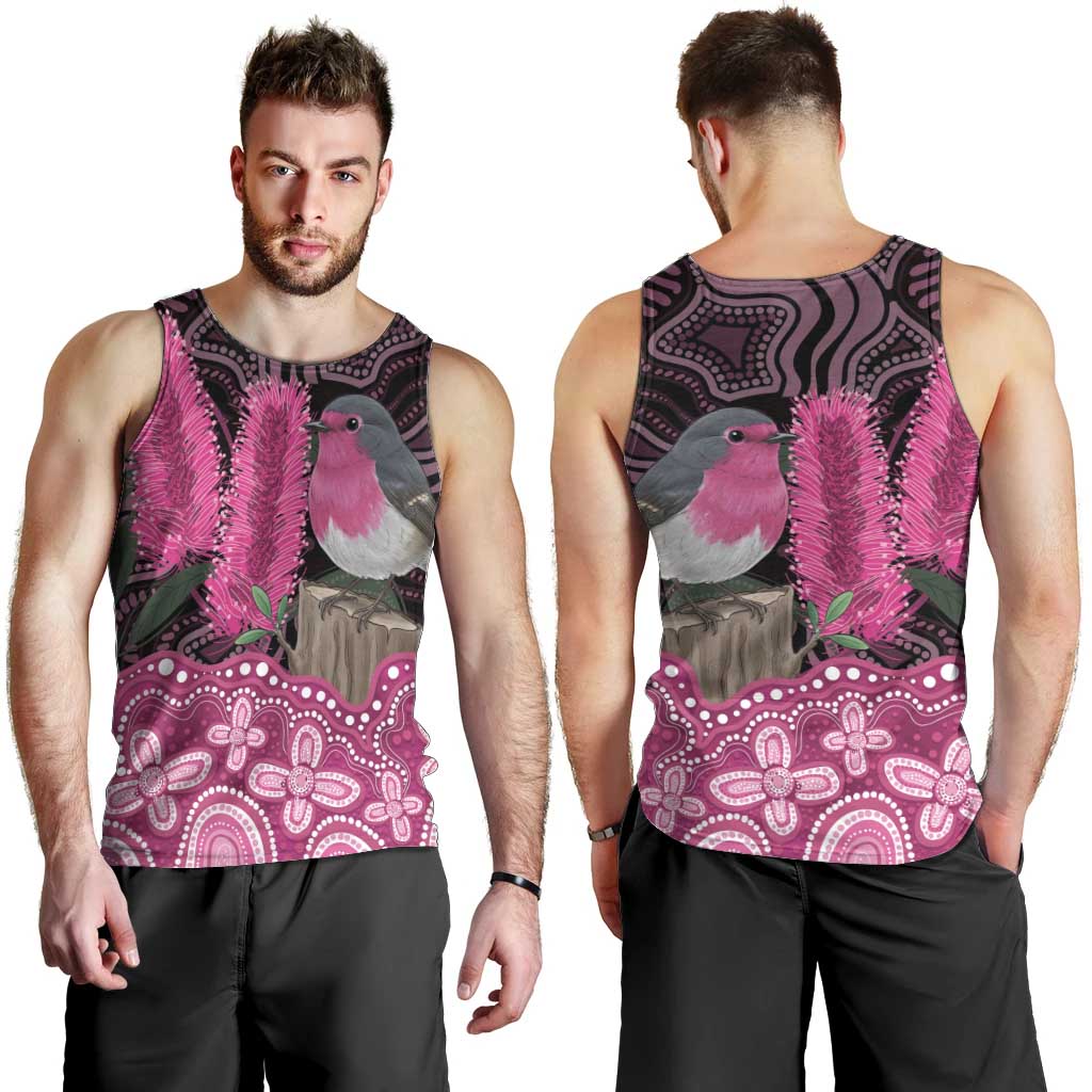 Australia Indigenous Men Tank Top Breast Cancer Pink Robin Bottlebrush Aboriginal Art - Aussie Hoodie
