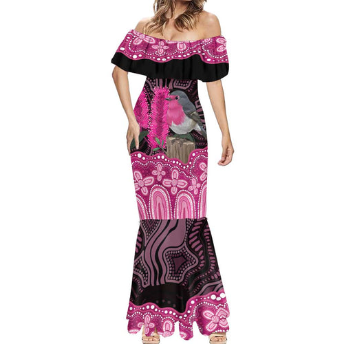 Australia Indigenous Mermaid Dress Breast Cancer Pink Robin Bottlebrush Aboriginal Art - Aussie Hoodie