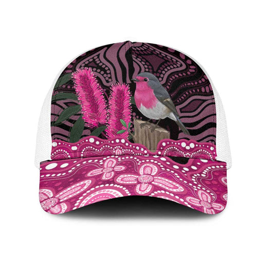 Australia Indigenous Mesh Trucker Cap Breast Cancer Pink Robin Bottlebrush Aboriginal Art - Aussie Hoodie