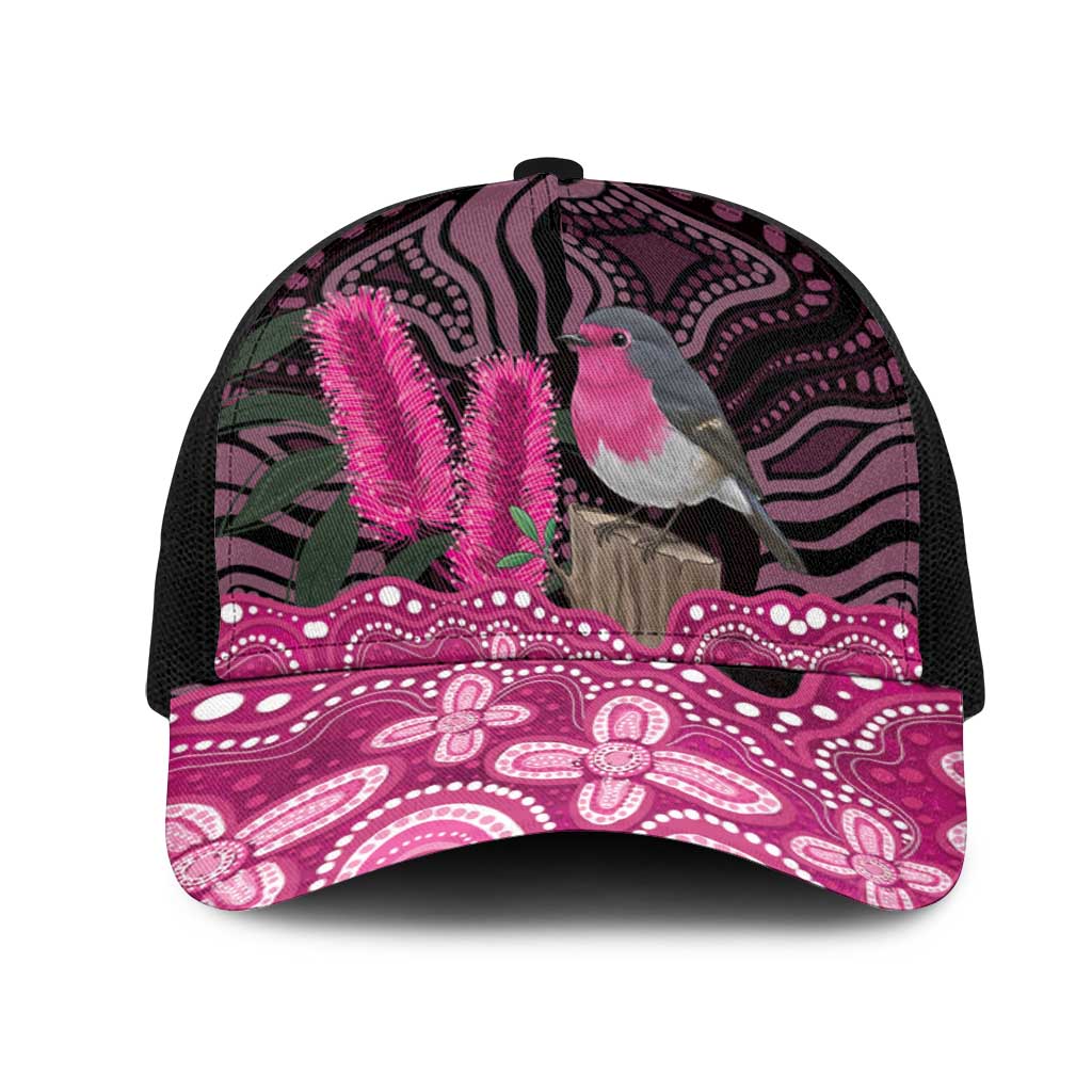 Australia Indigenous Mesh Trucker Cap Breast Cancer Pink Robin Bottlebrush Aboriginal Art - Aussie Hoodie