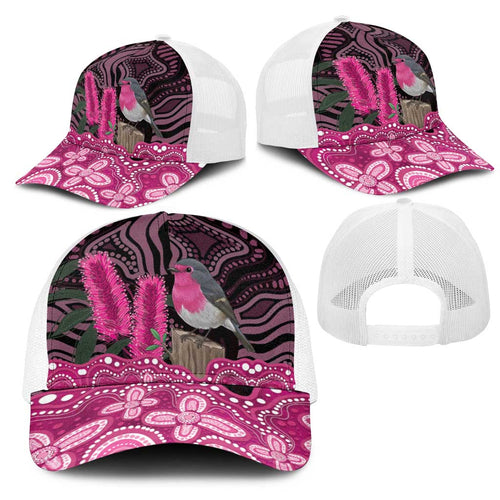 Australia Indigenous Mesh Trucker Cap Breast Cancer Pink Robin Bottlebrush Aboriginal Art - Aussie Hoodie