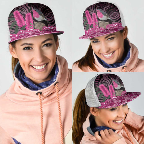 Australia Indigenous Mesh Trucker Cap Breast Cancer Pink Robin Bottlebrush Aboriginal Art - Aussie Hoodie