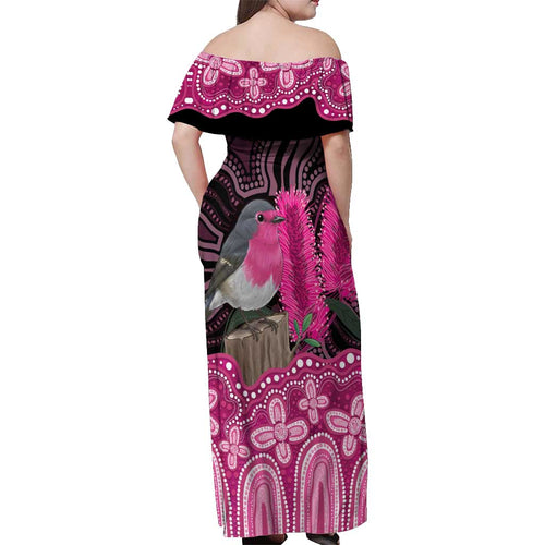 Australia Indigenous Off Shoulder Maxi Dress Breast Cancer Pink Robin Bottlebrush Aboriginal Art - Aussie Hoodie