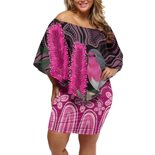 Australia Indigenous Off Shoulder Short Dress Breast Cancer Pink Robin Bottlebrush Aboriginal Art - Aussie Hoodie
